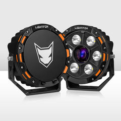 Two black and orange light fixtures with a visible brand logo on a white background