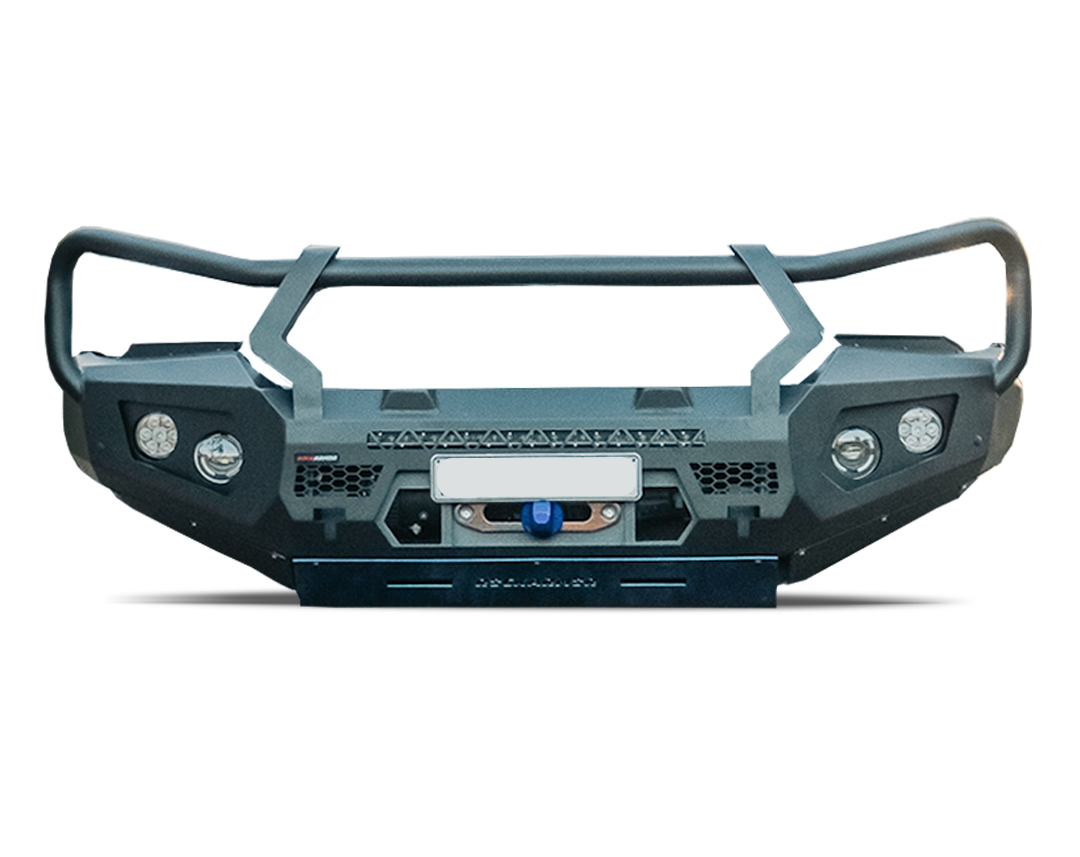Front Toyota Hilux bull bar bumper with visible Rockarmor branding on a white background