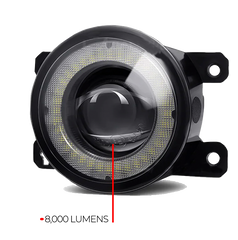 A circular car light with a black housing, clear lens, and a bright white LED ring, shown on a white background with a red line pointing to the center and text reading '8,000 LUMENS'.