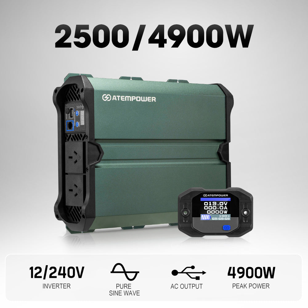 Atem Power power inverter with display on a gray background