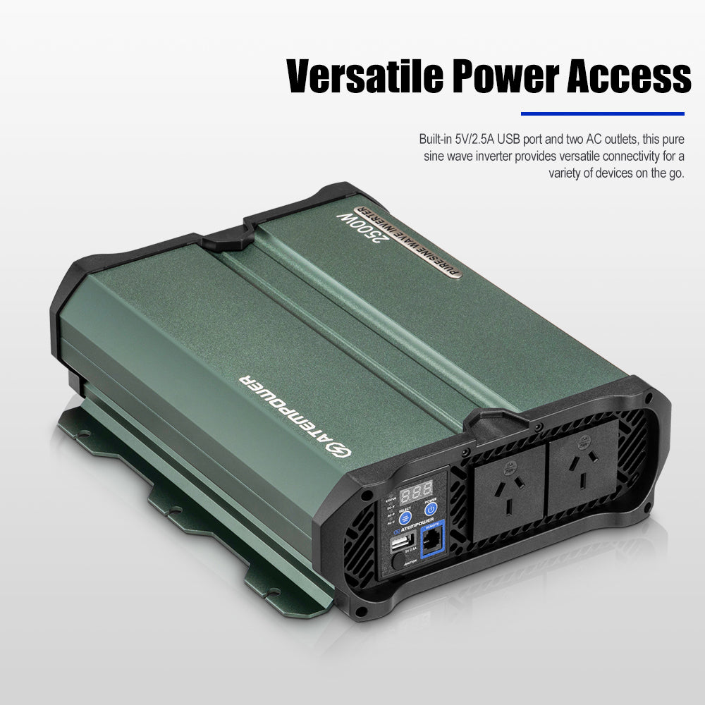 Green Atem Power inverter with multiple outlets and USB ports on a light grey background