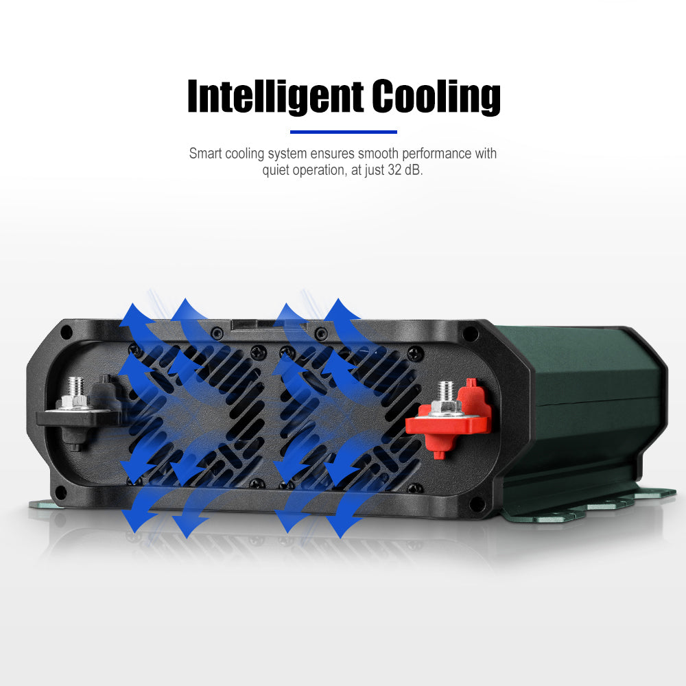 Atem Power inverter electrical component with cooling system illustration and text on a white background