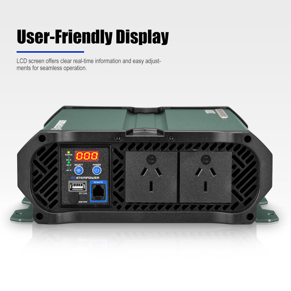 Power inverter with user-friendly display on a white background