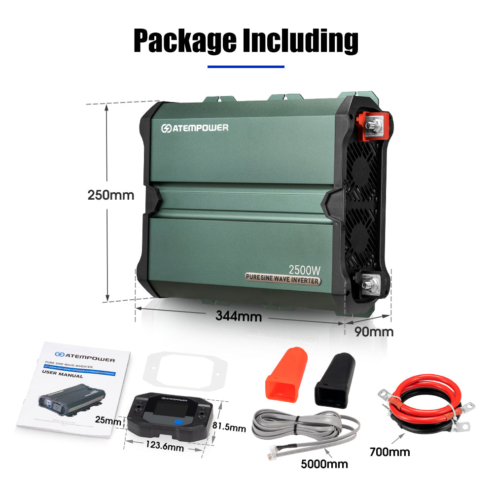 Atempower power inverter with included accessories on a white background