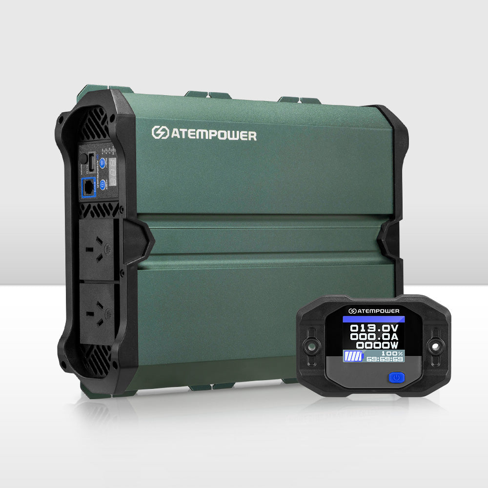 Atem Power power inverter with display on a white background