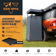 San Hima awning shower tent with base attached to a vehicle in an outdoor setting.