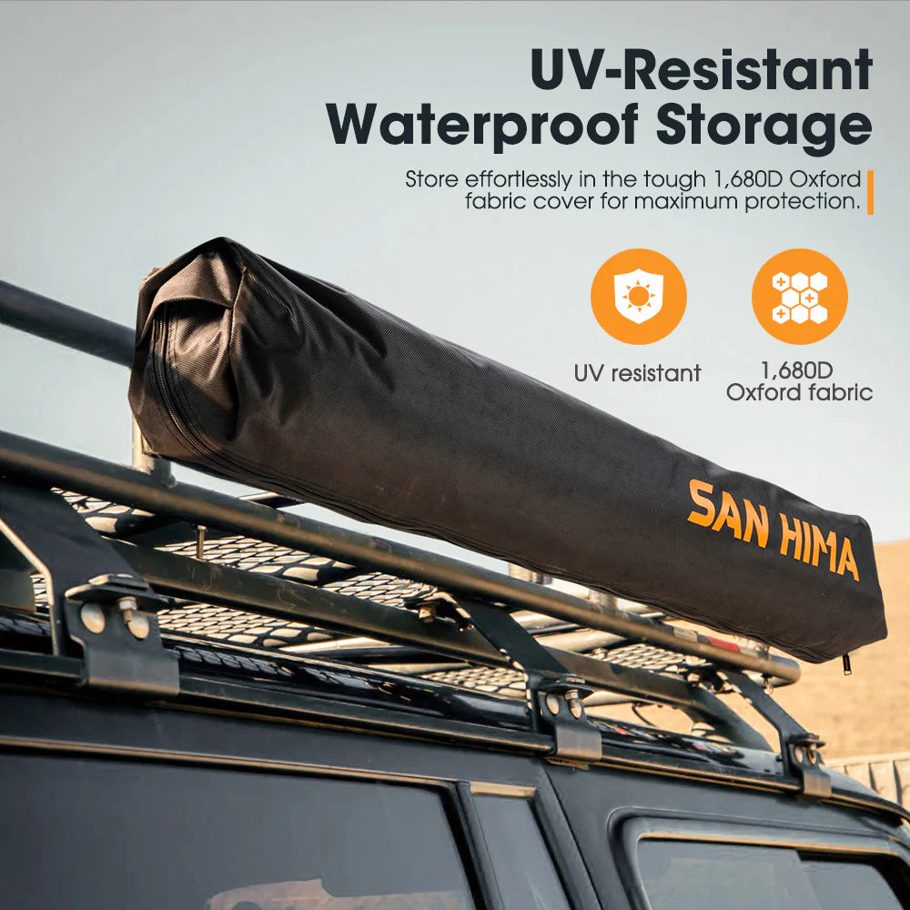 Car roof rack with a San Hima awning storage cover on a clear sky background