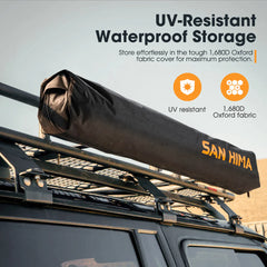 Car roof rack with a San Hima awning storage cover on a clear sky background