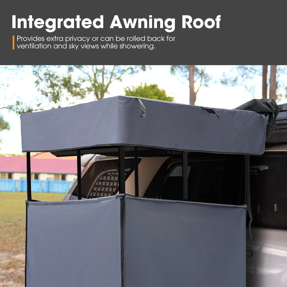 Integrated awning roof on a vehicle with text explaining its features.