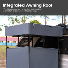 Integrated awning roof on a vehicle with text explaining its features.
