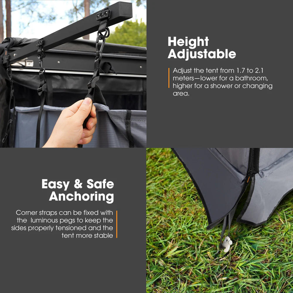 Awning Shower Tent setup with height adjustable feature and easy safe anchoring on grass for camping