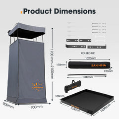 Product dimensions chart with a grey storage box, black tray, and accessories on a white background.