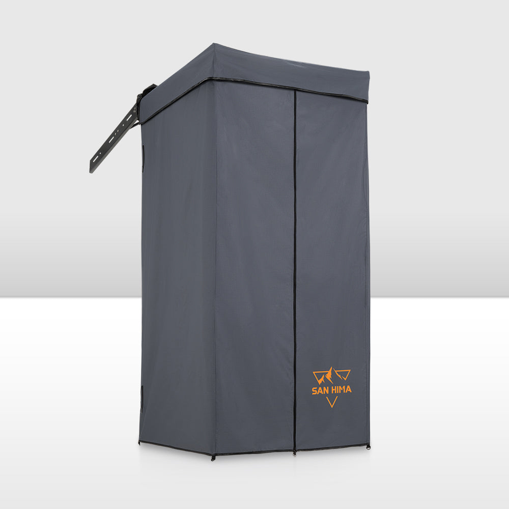 Gray shower tent with San Hima logo on a white background