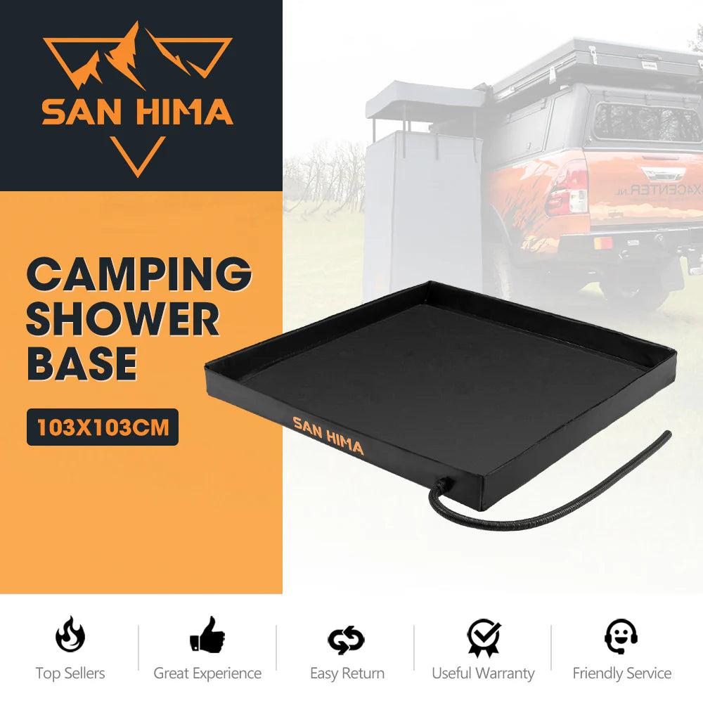 Camping shower base with San Hima branding on a white background