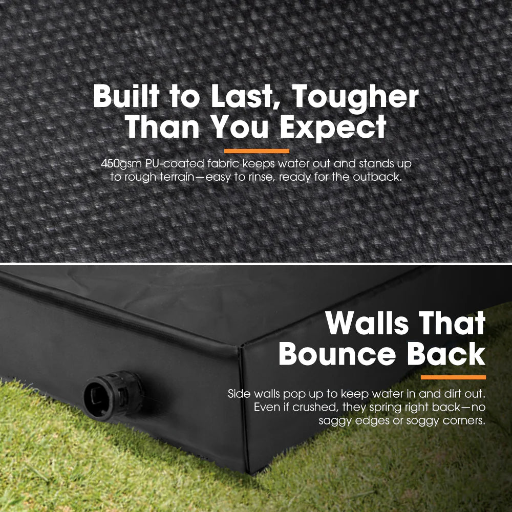 Black waterproof shower tent base with text highlighting durability and features on a grassy background.