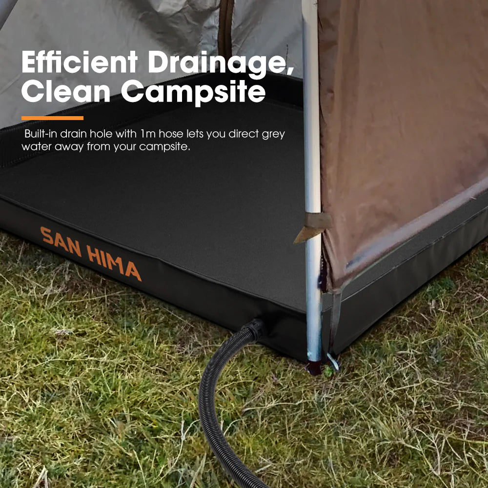 Camping mat with drain hole and hose attachment on grass, featuring San Hima branding