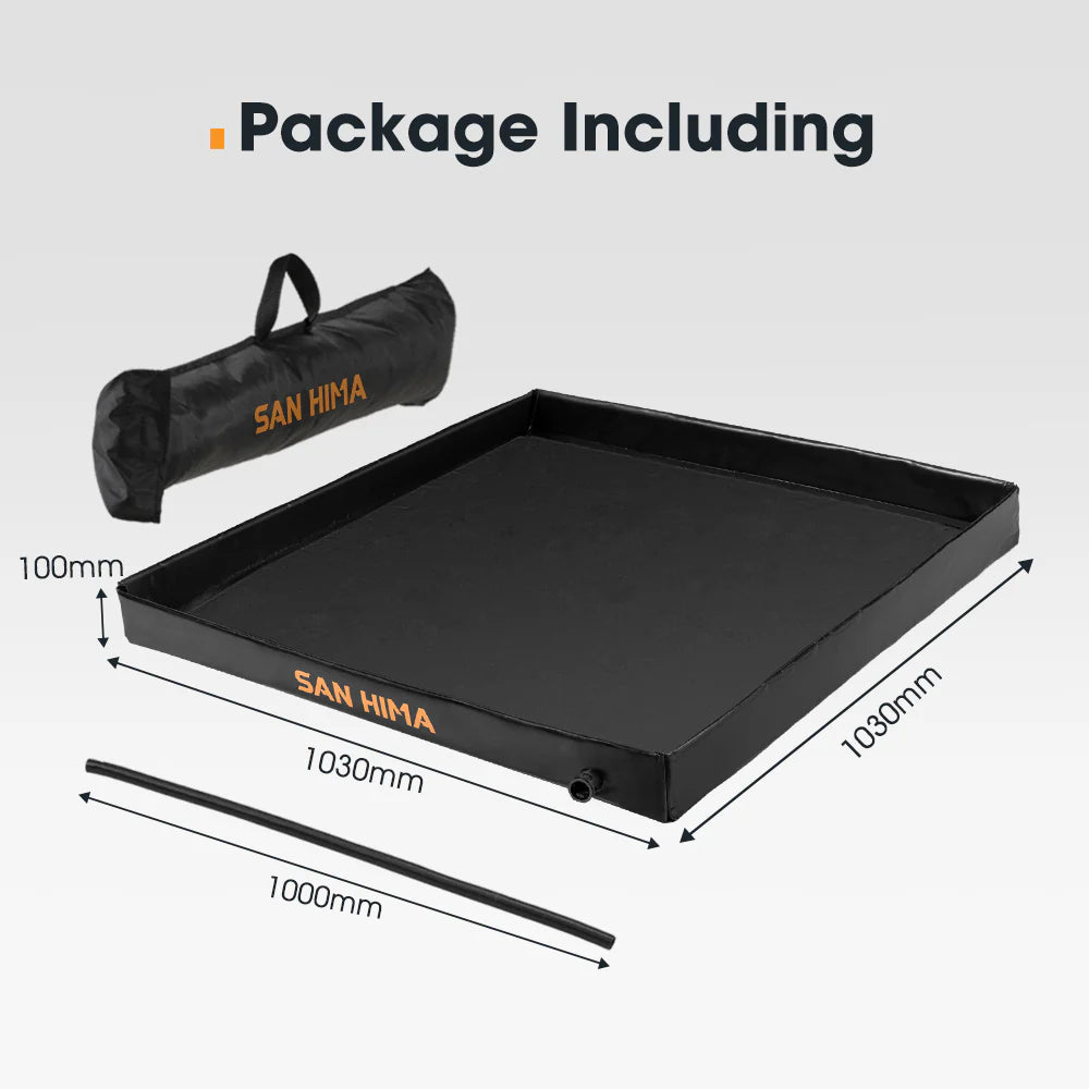 Black camping shower tent base with dimensions and a carrying bag labeled 'SAN HIMA' on a gray background.