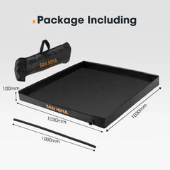 Black camping shower tent base with dimensions and a carrying bag labeled 'SAN HIMA' on a gray background.