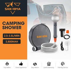 Camping shower set with carrying case and accessories on a white background, featuring San Hima branding.
