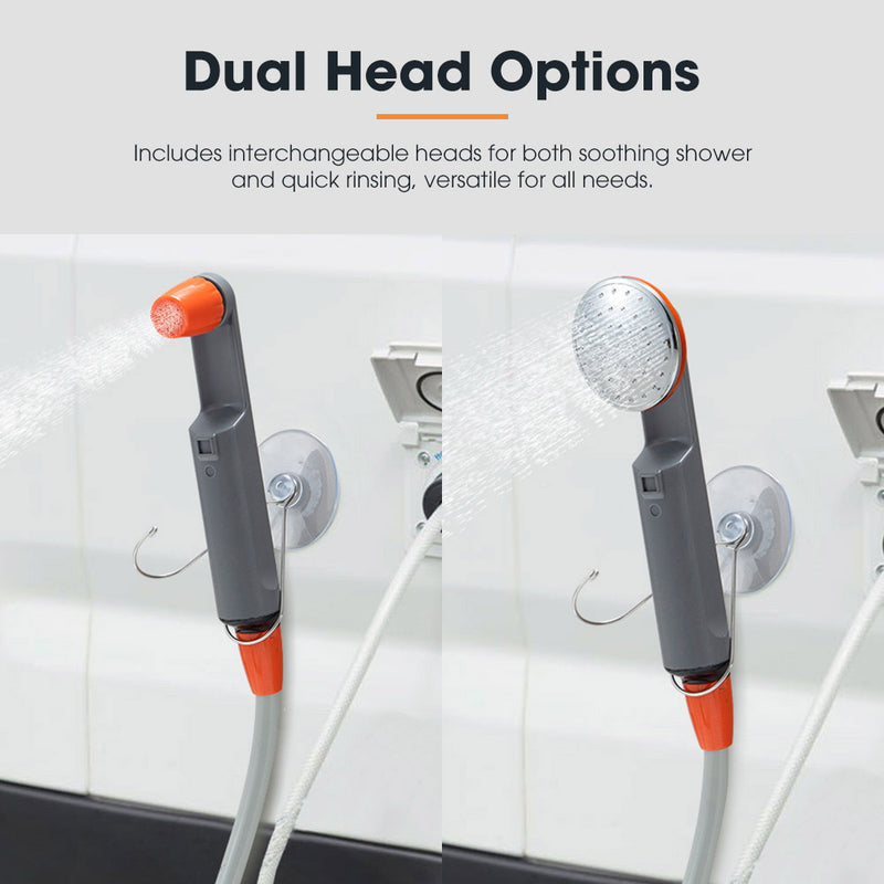 Dual head shower system with interchangeable heads on a white tiled wall background.
