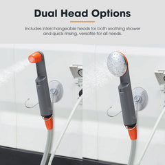 Dual head shower system with interchangeable heads on a white tiled wall background.