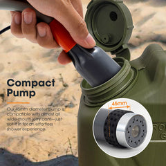 Hand holding a compact pump attached to a green water container with desert background
