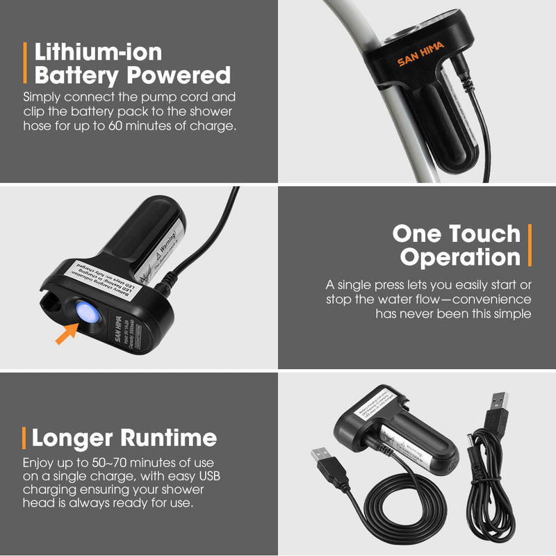 Lithium-ion battery-powered shower head with charging cable and features highlighted.