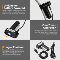 Lithium-ion battery-powered shower head with charging cable and features highlighted.
