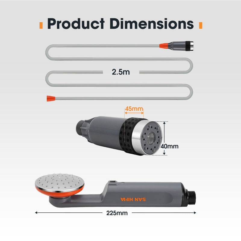 Product dimensions of a portable camping shower with measurements on a gray background
