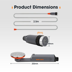 Product dimensions of a portable camping shower with measurements on a gray background