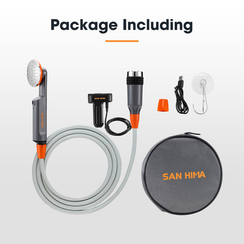 SAN HIMA shower head package with hose, nozzles, and carrying case on a white background