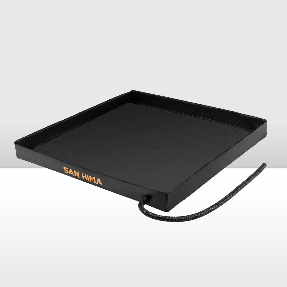 Black camping shower tent base awning floor with 'SAN HIM' branding on a white background