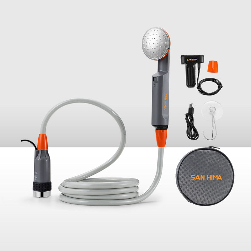 Handheld shower set with hose, nozzles, and carrying case on a white background