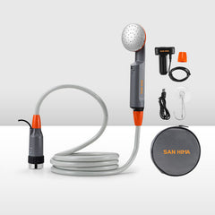 Handheld shower set with hose, nozzles, and carrying case on a white background