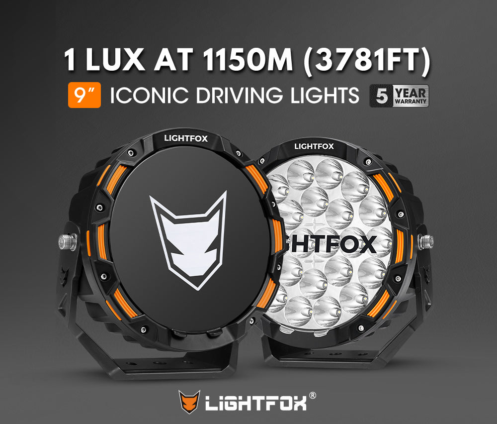 Two Lightfox driving lights with branding and specifications on a dark background