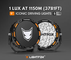 Two Lightfox driving lights with branding and specifications on a dark background