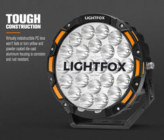 Lightfox off-road light with text on a dark background