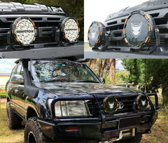 Collage of Lightfox off-road lights on a vehicle with a brand logo.
