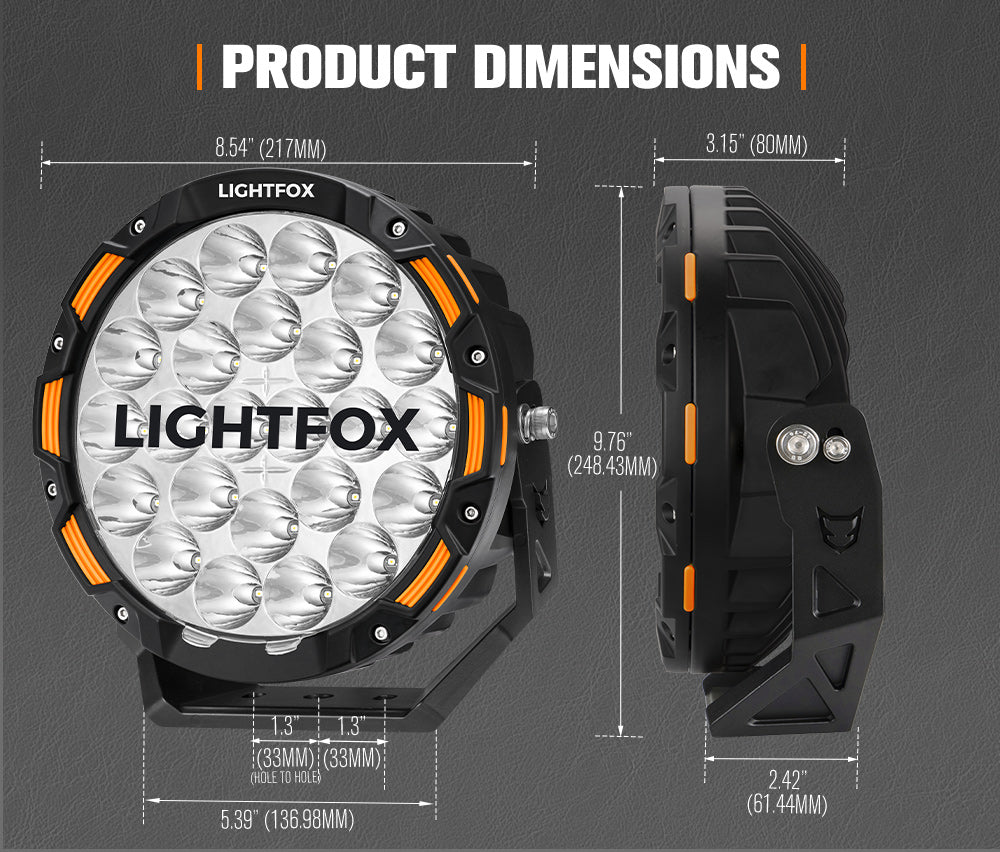 Lightfox off-road light with dimensions on a gray background