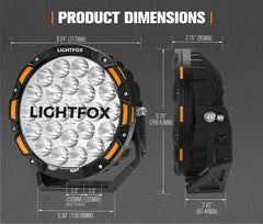 Lightfox off-road light with dimensions on a gray background
