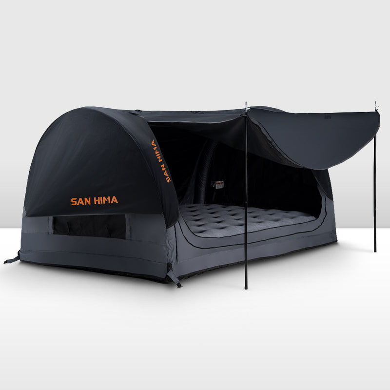 Black camping swag tent with an inflatable mattress on a white background, featuring the brand 'SAN HIMA'.