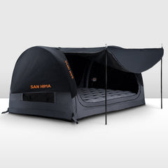Black camping swag tent with an inflatable mattress on a white background, featuring the brand 'SAN HIMA'.