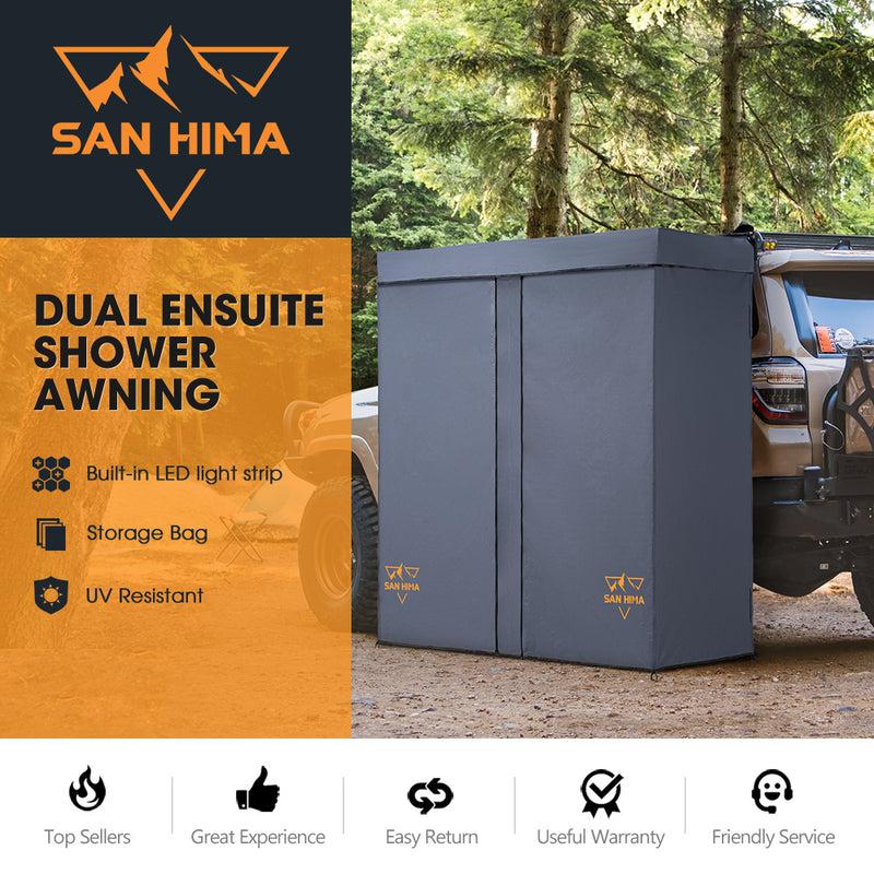 San Hima dual ensuite shower awning with features listed on an orange and black background.