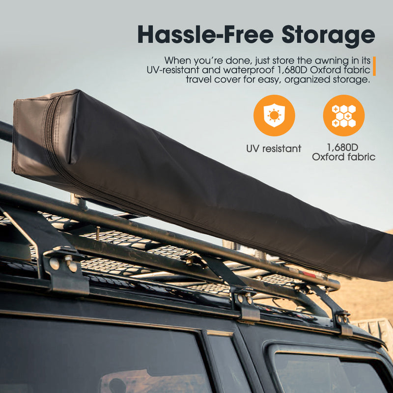 Car roof rack with an awning and travel cover on a vehicle, with text about storage solutions.