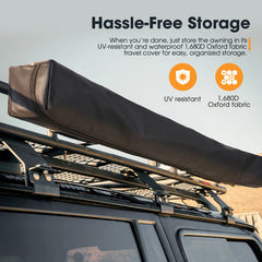 Car roof rack with an awning and travel cover on a vehicle, with text about storage solutions.