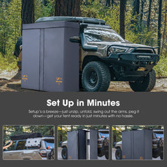 Dual awnings attached to a vehicle in a forest setting with text about quick setup.