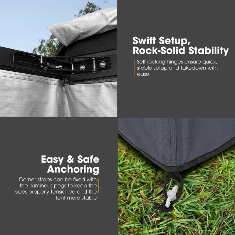 Awning tent setup with text highlighting swift setup, rock-solid stability, and easy safe anchoring.