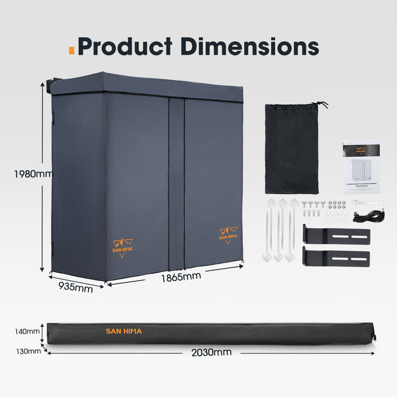 Product dimensions chart with dark gray awnings, black storage bag, and other components on a light gray background.