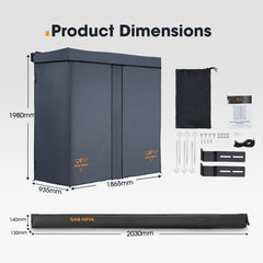 Product dimensions chart with dark gray awnings, black storage bag, and other components on a light gray background.