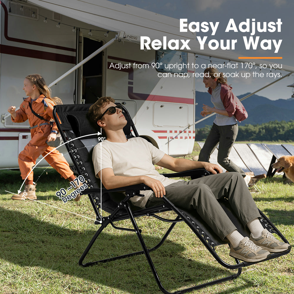 Person relaxing in a reclining chair near an RV with text about adjustable angles.